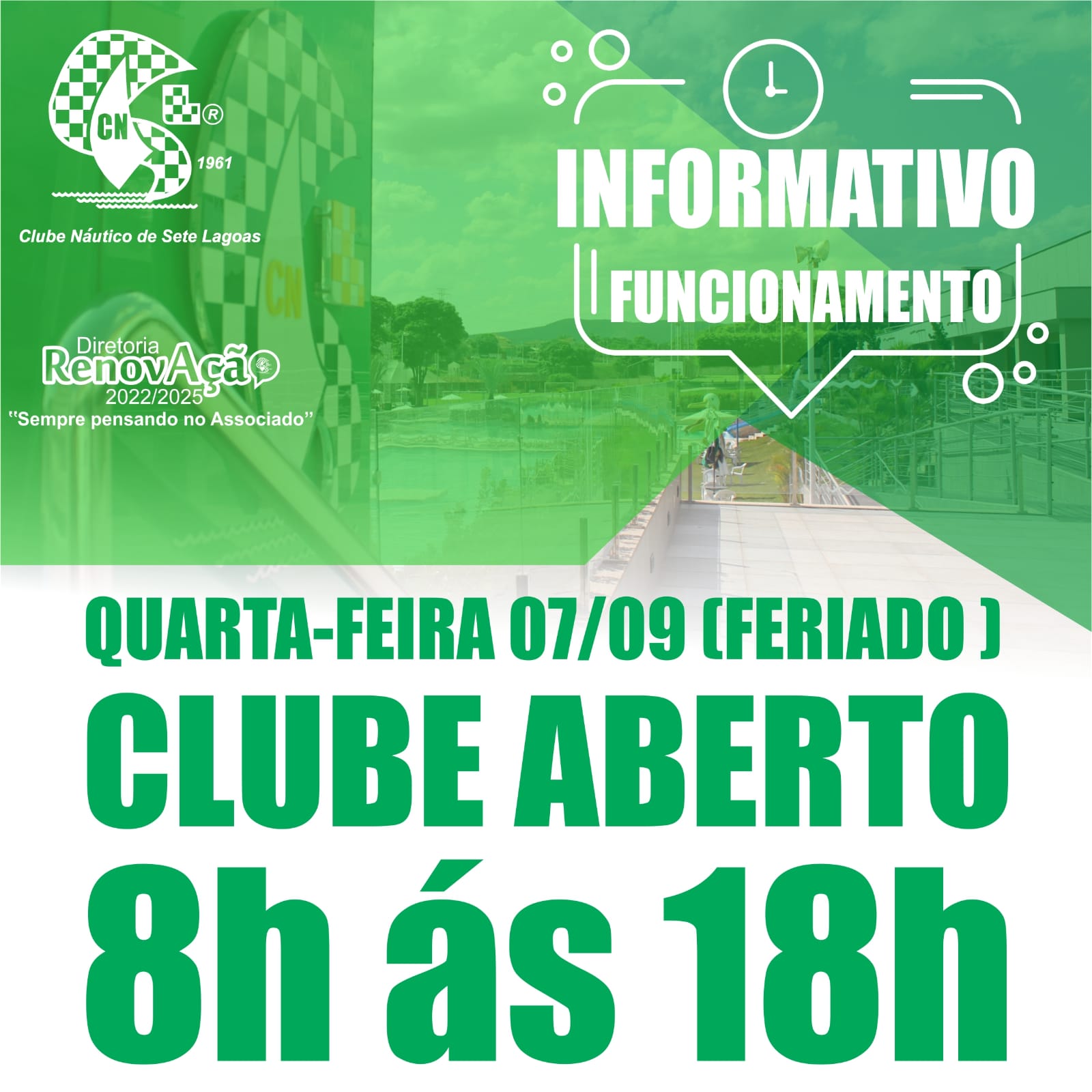 Clube funcionará normalmente no dia 7 de setembro, feriado de